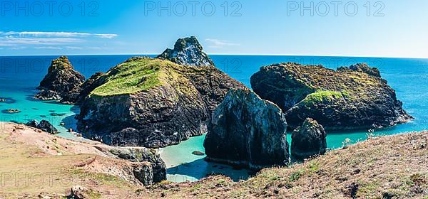 Panorama over Kynance Cove Mermaid Pool and Cliffs, Cornwall