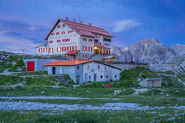 Three Peaks Mountain Hut at dusk, Three Peaks Mountains