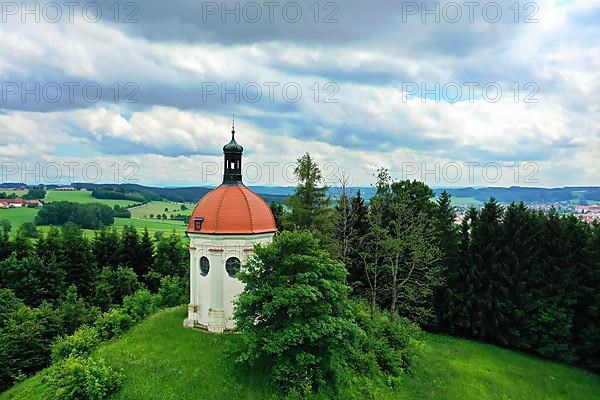 Aerial view of Ottobeuren at the Buschelkapelle in cloudy weather. Unterallgaeu, Swabia