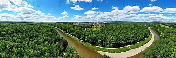 Aerial view of Wiblingen Monastery on the river Iller in fine weather. Ulm, Baden-Wuerttemberg