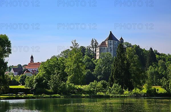 Aerial view of Bad Groenenbach with Hohes Schloss in fine weather, Unterallgaeu