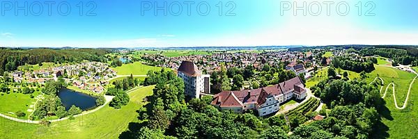 Aerial view of Bad Groenenbach with Hohes Schloss in fine weather, Unterallgaeu