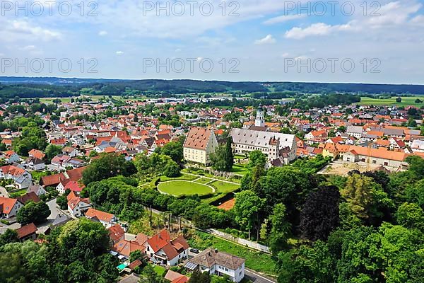 Aerial view of the Fuggerschloss in Babenhausen in fine weather. Unterallgaeu, Swabia