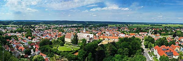 Aerial view of the Fuggerschloss in Babenhausen in fine weather. Unterallgaeu, Swabia