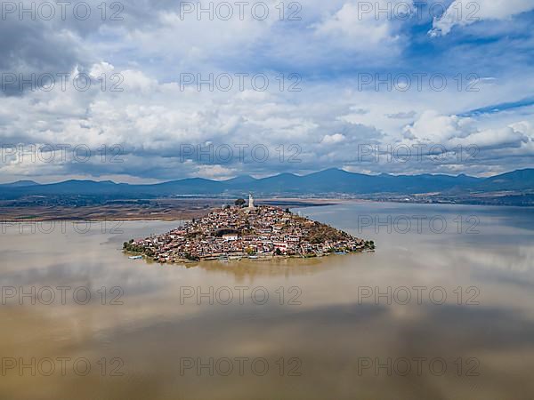 Aerial of the Janitzio island on lake Lake Patzcuaro, Michoacan