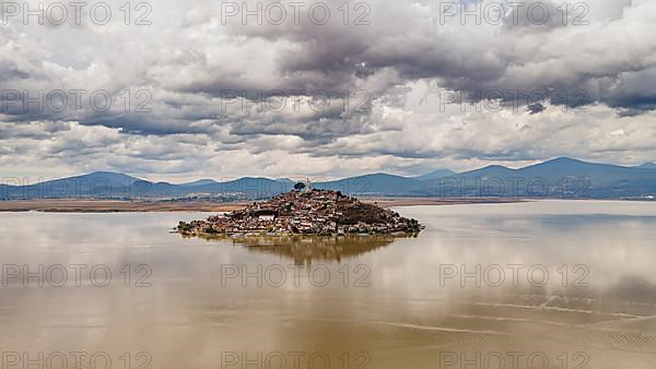 Aerial of the Janitzio island on lake Lake Patzcuaro, Michoacan