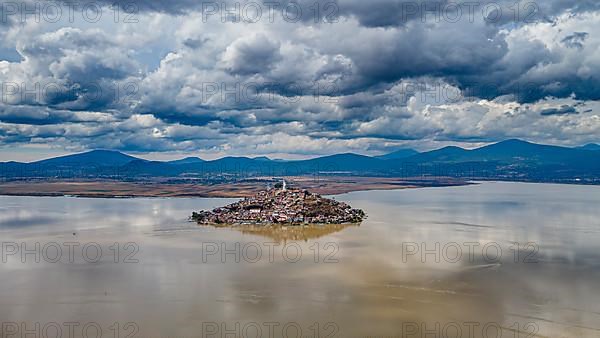 Aerial of the Janitzio island on lake Lake Patzcuaro, Michoacan