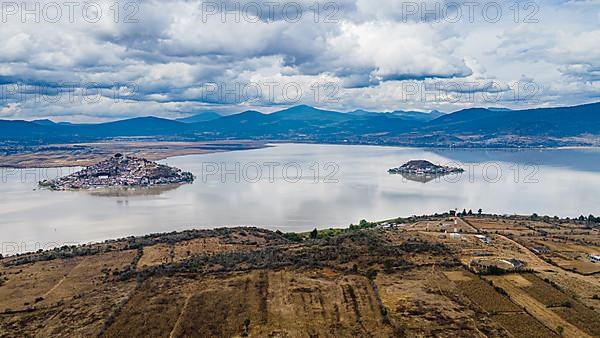 Aerial of the Janitzio island on lake Lake Patzcuaro, Michoacan