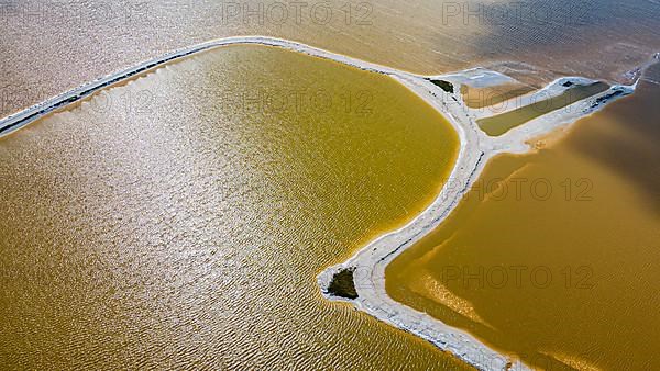 Aerial of the colourful salinas of Las Coloradas, Yucatan