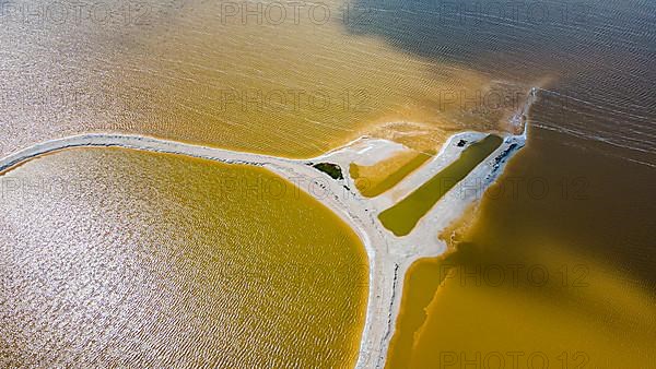 Aerial of the colourful salinas of Las Coloradas, Yucatan