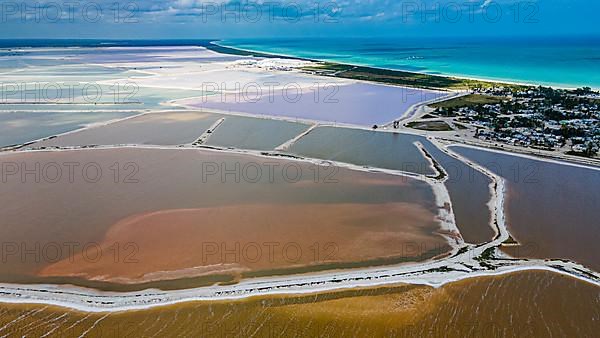 Aerial of the colourful salinas of Las Coloradas, Yucatan