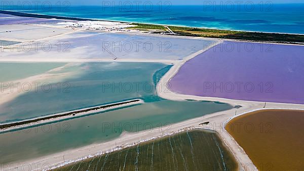 Aerial of the colourful salinas of Las Coloradas, Yucatan