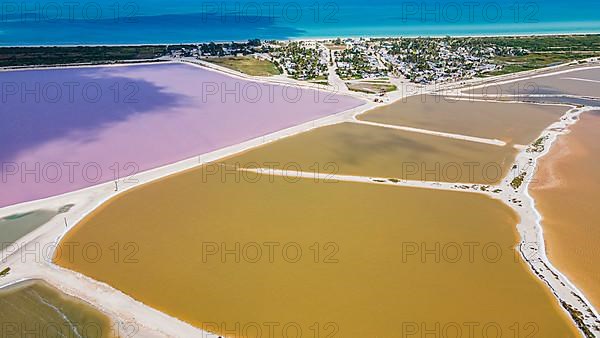 Aerial of the colourful salinas of Las Coloradas, Yucatan