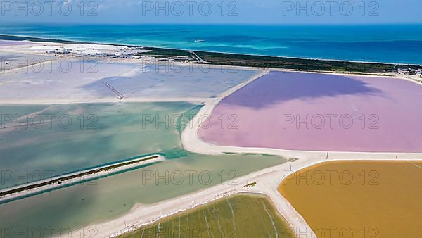 Aerial of the colourful salinas of Las Coloradas, Yucatan