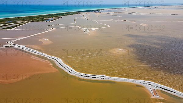 Aerial of the colourful salinas of Las Coloradas, Yucatan