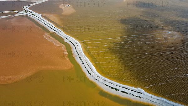 Aerial of the colourful salinas of Las Coloradas, Yucatan