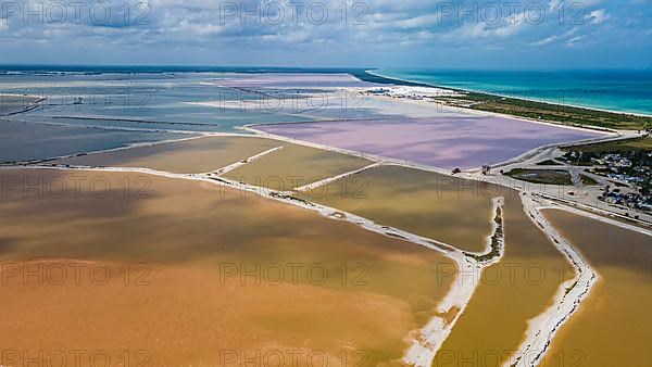 Aerial of the colourful salinas of Las Coloradas, Yucatan