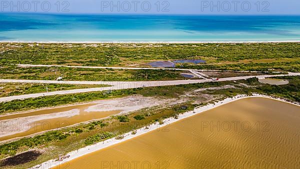 Aerial of the colourful salinas of Las Coloradas, Yucatan