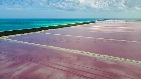 Aerial of the colourful salinas of Las Coloradas, Yucatan