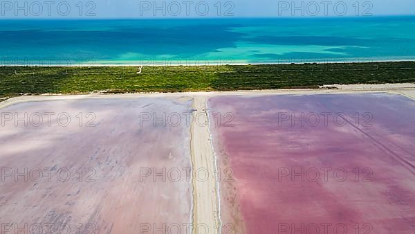 Aerial of the colourful salinas of Las Coloradas, Yucatan