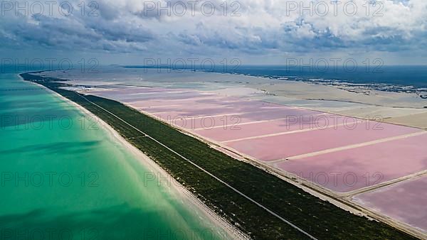 Aerial of the colourful salinas of Las Coloradas, Yucatan