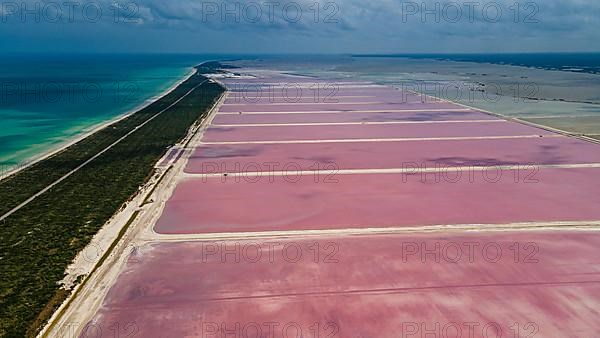 Aerial of the colourful salinas of Las Coloradas, Yucatan