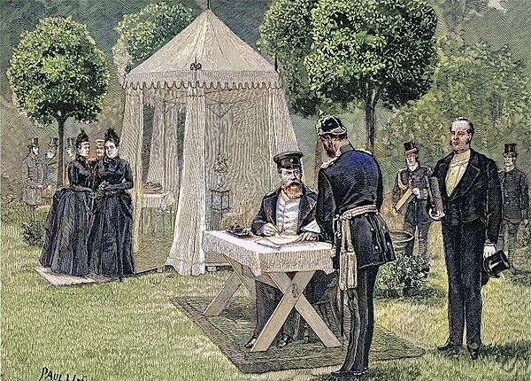 Emperor Henry in front of his marquee, signing documents