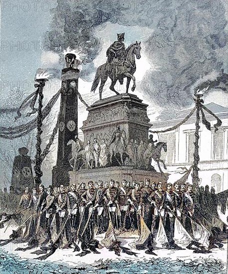 Group of the student deputation at the monument to Frederick the Great in Berlin, on 16 March 1888 during the convict celebrations for Wilhelm I. Original drawing by A. v. Roessler