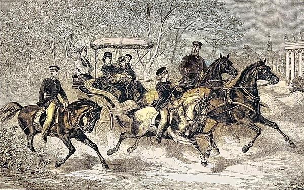 Crown Prince Frederick William with his family on a ride with horses and carriage, Germany