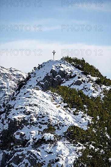 Summit cross of the Weitalpspitz in winter with snow, Ammergau Alps