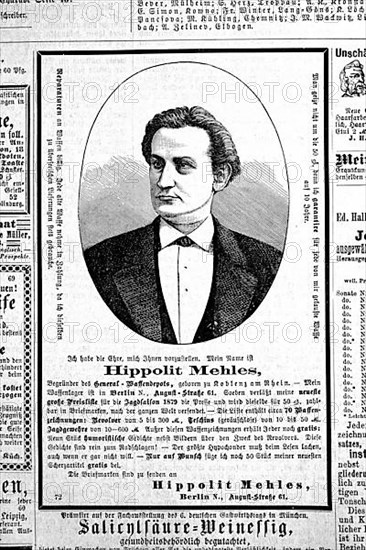 Classified advertisements in 1880, here advertisement of Hippolit Mehles promoting his gun business