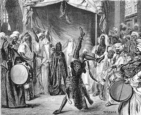 Wedding celebration with music and acrobatics and a veiled bride in Cairo,1880