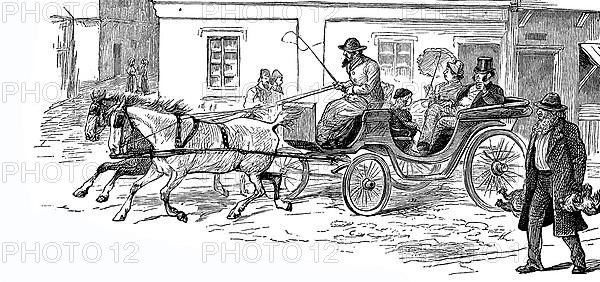 Travelling by horse-drawn carriage, distinguished couple on their way to town