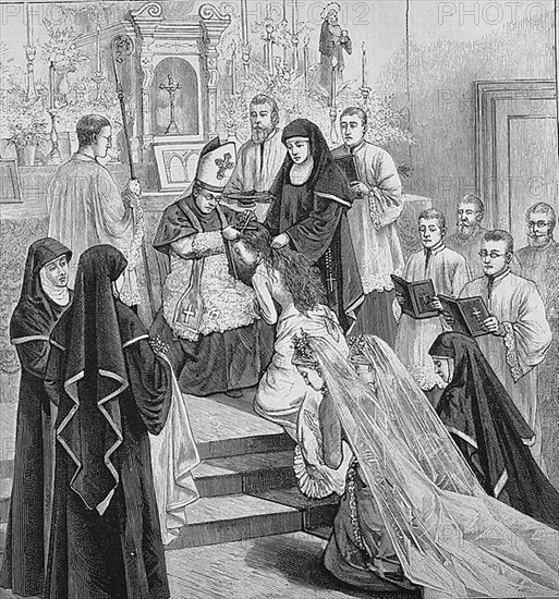 Dressing and haircutting of the new nuns in the order of Benedictine nuns,1880
