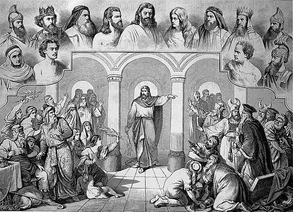 Passion Play in Oberammergau in 1882 with Jesus and the main characters of the biblical story of the Crucifixion, Bavaria