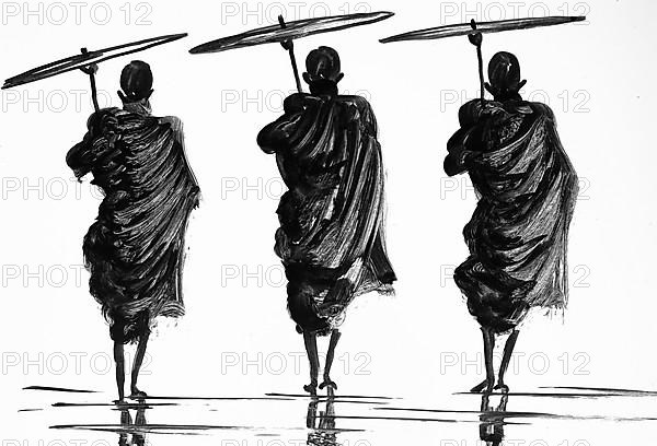 Three Monks with Parasol, Historic Landscape in Southeast Asia