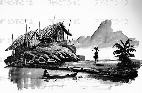 Fisherman with boats, hut