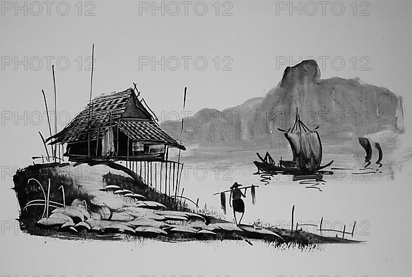 Fisherman returning with his catch, Hut