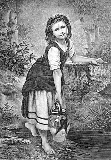 Kleines Maedchen holt mit dem Krug Wasser von der Quelle, little girl fetches water from the spring with the jug