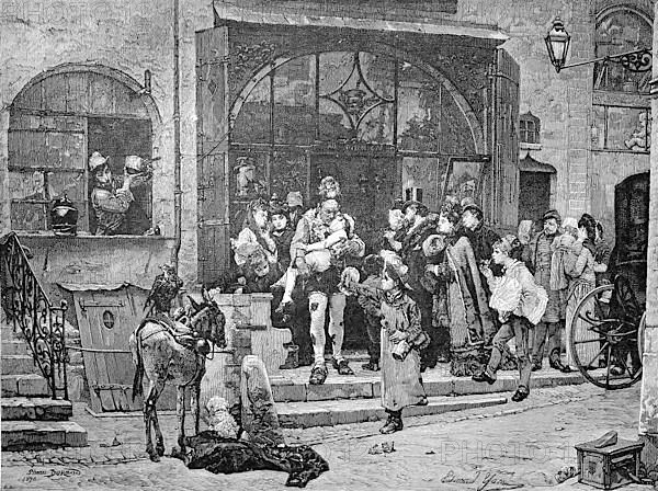 At a circus company a child has an accident while riding, a member of the troupe carries him to the doctor