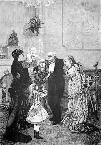 The great-grandfather is presented with the family offspring. He leans on his grandchildren, a child holds his crutches in the background