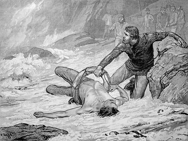 Rescue crew pulled a shipwrecked man out of the sea by the life ring, Rescue crew pulled a shipwrecked man out of the sea by the life ring