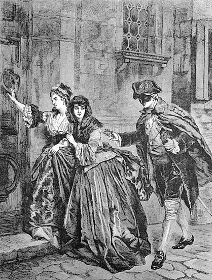 Two woman and a man walking home after the carnival ball,1880