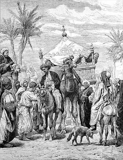 The landlord returns from the pilgrimage in 1879 from Mecca and is greeted by his subjects, camel with a travelling litter