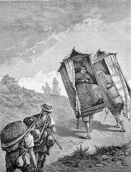 Journey of distinguished people in Central America, a priest and his housekeeper are carried in a palanquin by porters