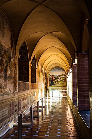 Monte Oliveto Maggiore Abbey, vaulted cloister with fresco scenes