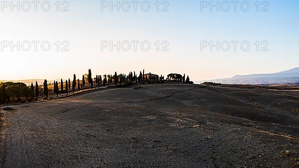 Country house with cypress avenue on a hill, first morning sun