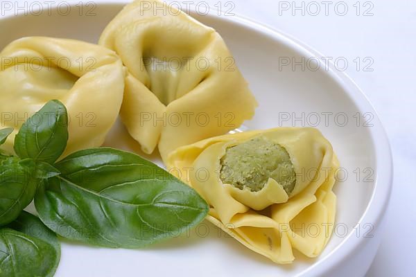 Tortelloni with basil pesto filling, opened