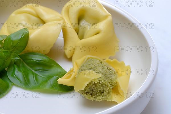 Tortelloni with basil pesto filling, opened