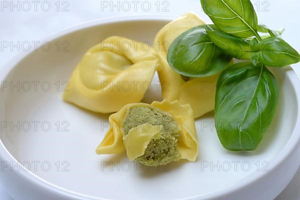 Tortelloni with basil pesto filling, opened